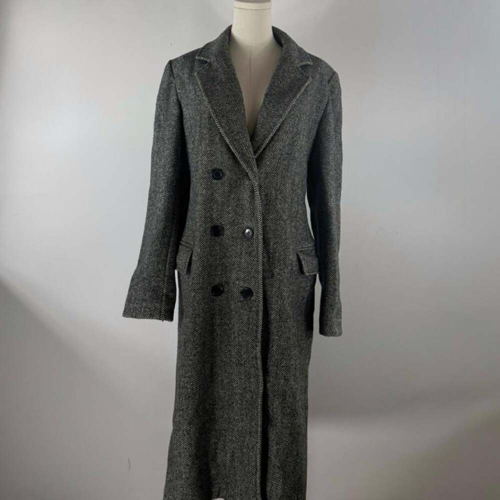 Vintage Evan-Picone Herringbone Wool Coat | Women's Double-Breasted Long Coat |